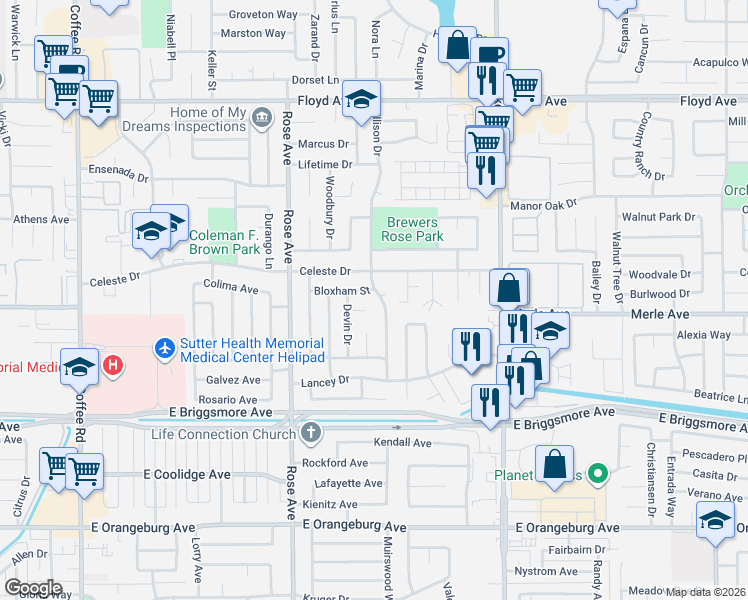 map of restaurants, bars, coffee shops, grocery stores, and more near 1901 Ellison Drive in Modesto