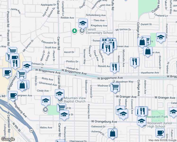 map of restaurants, bars, coffee shops, grocery stores, and more near 1805 Ronald Court in Modesto