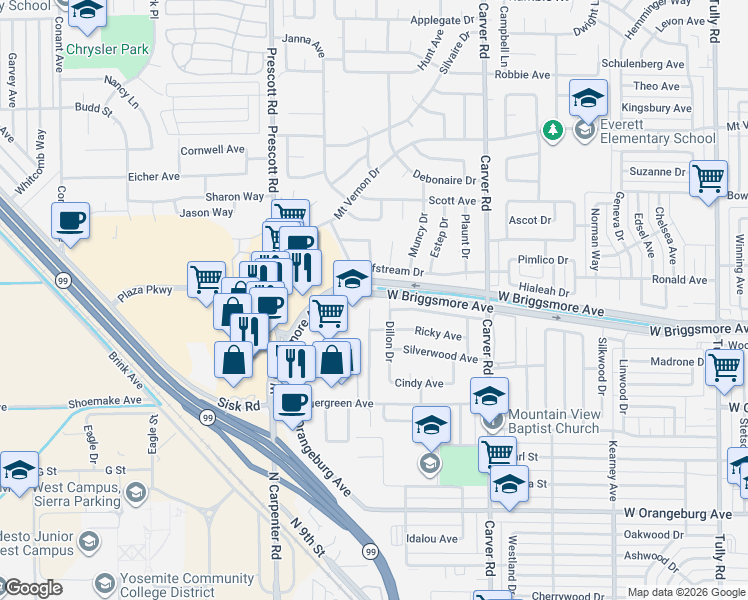 map of restaurants, bars, coffee shops, grocery stores, and more near 1737 Randazzo Avenue in Modesto