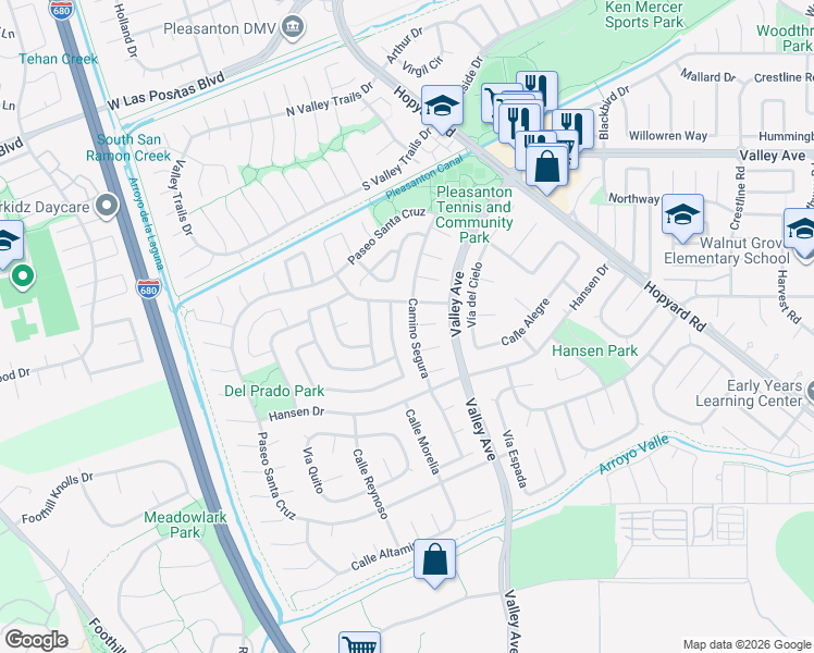 map of restaurants, bars, coffee shops, grocery stores, and more near 6064 Corte Montanas in Pleasanton