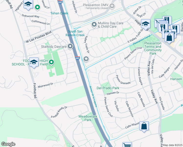 map of restaurants, bars, coffee shops, grocery stores, and more near 6827 Corte Nuevo in Pleasanton
