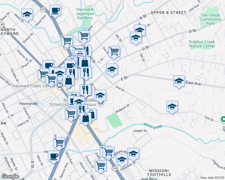 map of restaurants, bars, coffee shops, grocery stores, and more near 23940 Carmelita Drive in Hayward