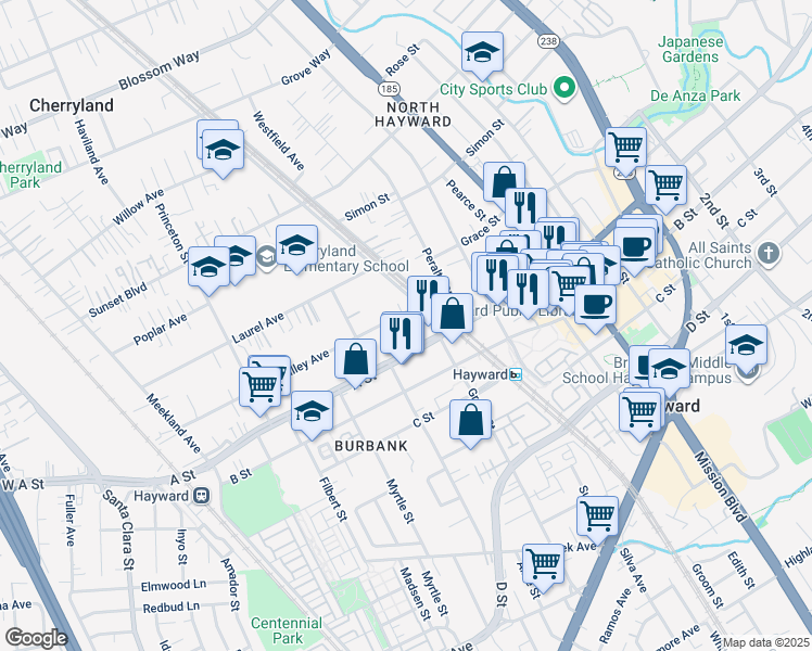 map of restaurants, bars, coffee shops, grocery stores, and more near 558 A Street in Hayward
