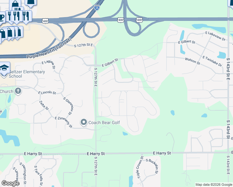 map of restaurants, bars, coffee shops, grocery stores, and more near 13006-13050 South Rocky Creek Road in Wichita