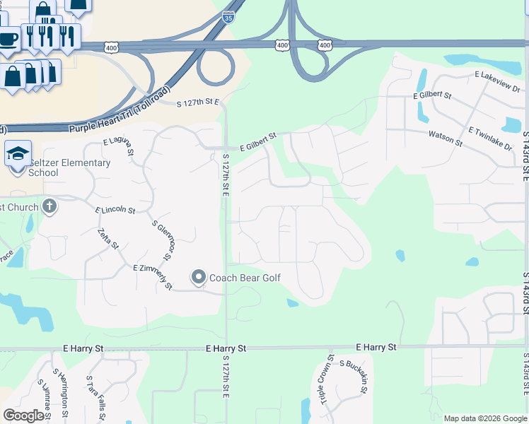 map of restaurants, bars, coffee shops, grocery stores, and more near 13006-13050 South Rocky Creek Road in Wichita