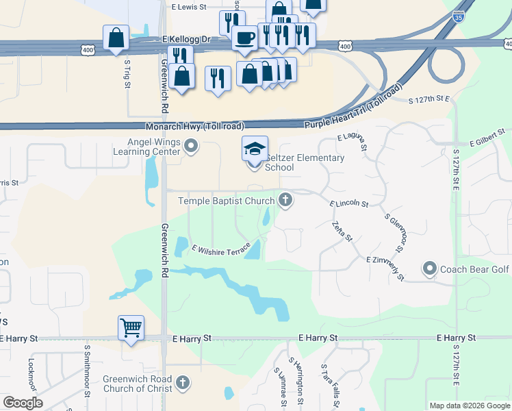 map of restaurants, bars, coffee shops, grocery stores, and more near 900-998 South Bedford Court in Wichita