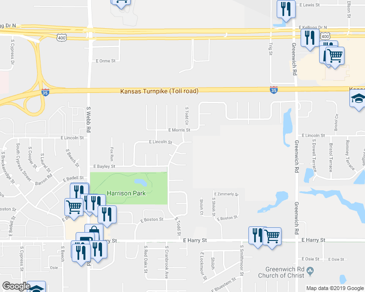 map of restaurants, bars, coffee shops, grocery stores, and more near 1208 South Todd Court in Wichita