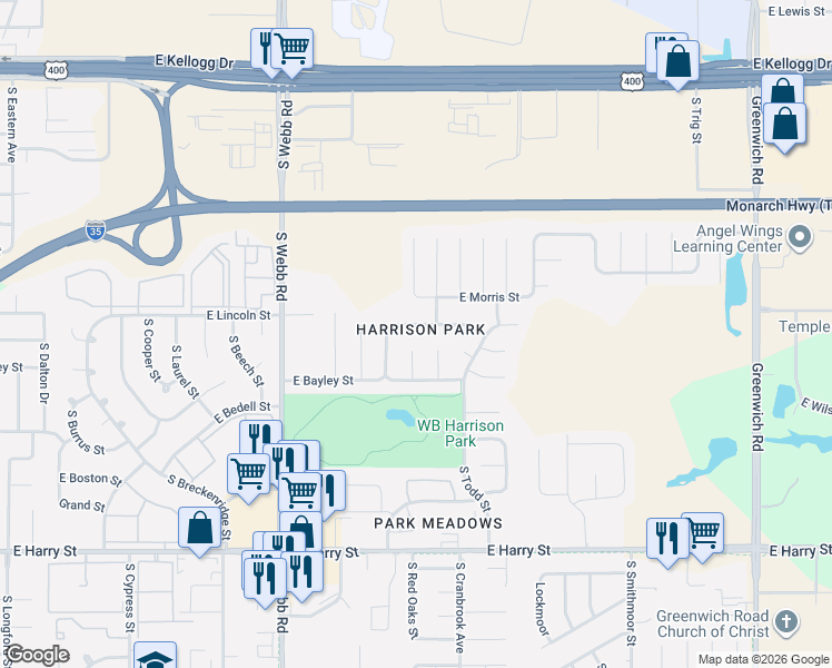 map of restaurants, bars, coffee shops, grocery stores, and more near in Wichita