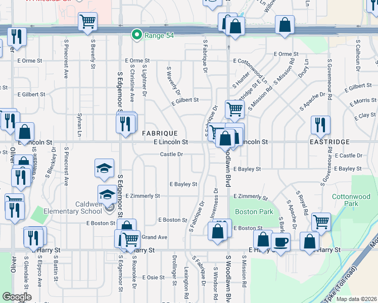 map of restaurants, bars, coffee shops, grocery stores, and more near 6013 Castle Drive in Wichita