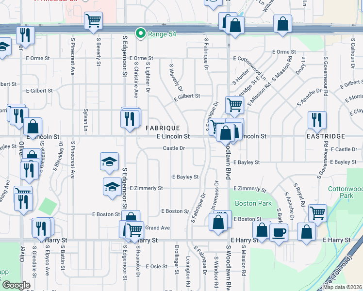 map of restaurants, bars, coffee shops, grocery stores, and more near 6013 Castle Drive in Wichita