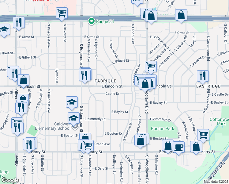map of restaurants, bars, coffee shops, grocery stores, and more near 6013 Castle Drive in Wichita