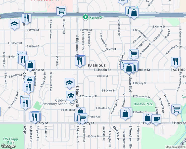 map of restaurants, bars, coffee shops, grocery stores, and more near 5715 Castle Drive in Wichita
