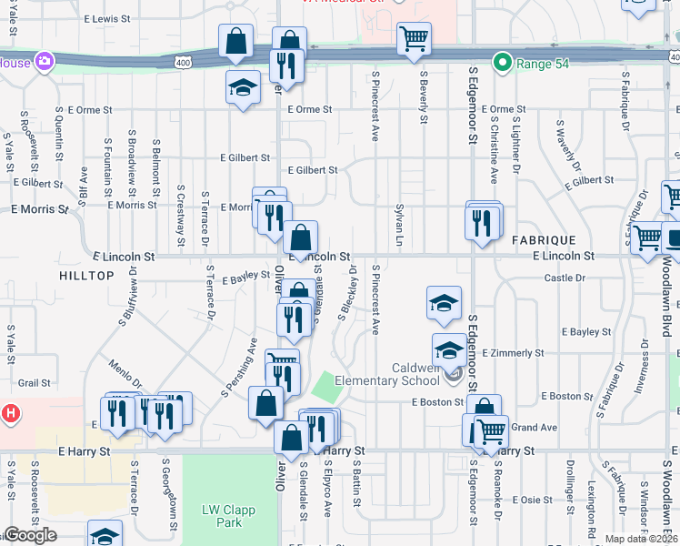 map of restaurants, bars, coffee shops, grocery stores, and more near 5051 East Lincoln Street in Wichita