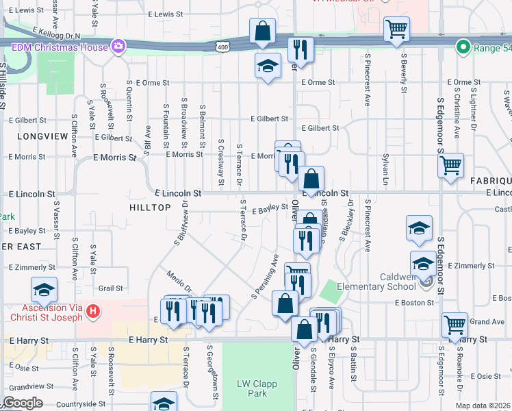 map of restaurants, bars, coffee shops, grocery stores, and more near 4629 East Bayley Street in Wichita