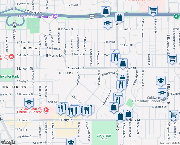 map of restaurants, bars, coffee shops, grocery stores, and more near 4331 East Bayley Street in Wichita