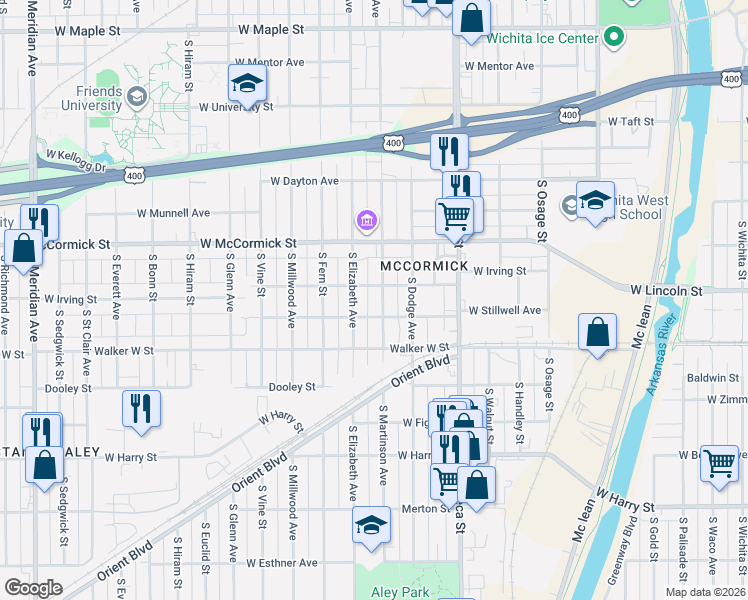 map of restaurants, bars, coffee shops, grocery stores, and more near 1122-1128 South Martinson Street in Wichita