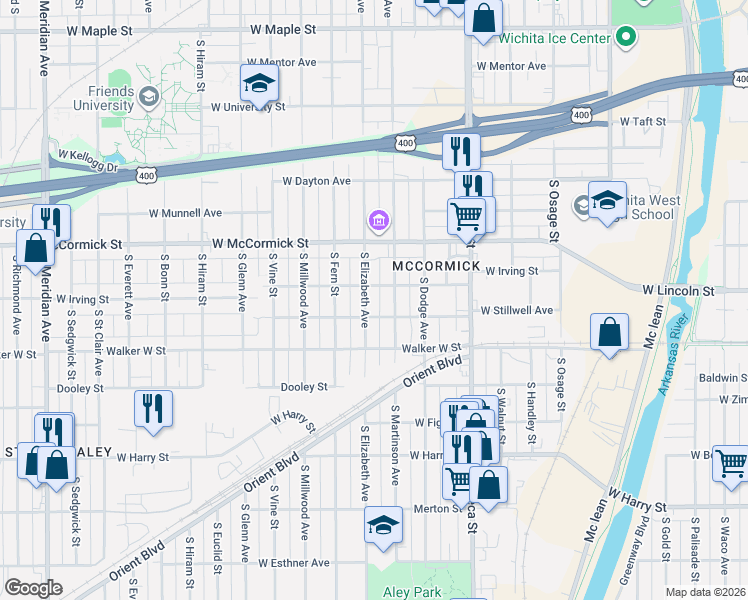 map of restaurants, bars, coffee shops, grocery stores, and more near 1101-1199 S Elizabeth in Wichita