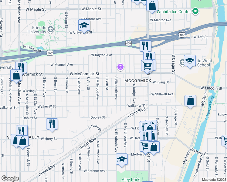 map of restaurants, bars, coffee shops, grocery stores, and more near 1101-1199 S Elizabeth in Wichita