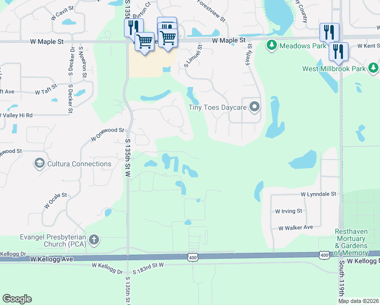 map of restaurants, bars, coffee shops, grocery stores, and more near 522 South 135th Street West in Wichita