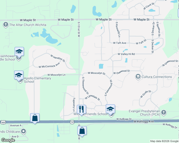 map of restaurants, bars, coffee shops, grocery stores, and more near 15009 Moscelyn in Wichita
