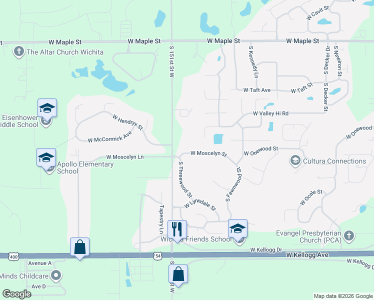 map of restaurants, bars, coffee shops, grocery stores, and more near 15009 Moscelyn in Wichita