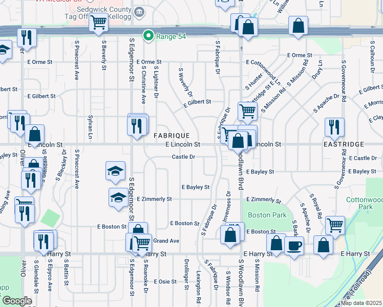 map of restaurants, bars, coffee shops, grocery stores, and more near 6013 Castle Drive in Wichita