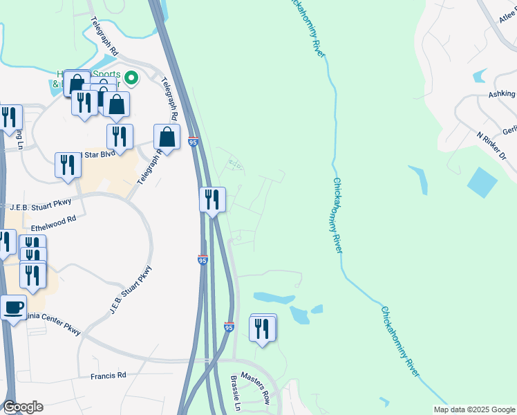 map of restaurants, bars, coffee shops, grocery stores, and more near 3915 Pale Moon Place in Glen Allen