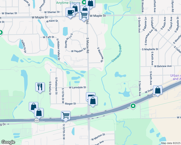 map of restaurants, bars, coffee shops, grocery stores, and more near 702 South Maize Court in Wichita