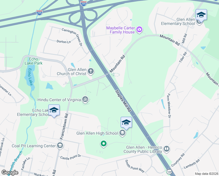 map of restaurants, bars, coffee shops, grocery stores, and more near 5921 Moriano Terrace in Glen Allen
