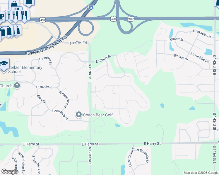 map of restaurants, bars, coffee shops, grocery stores, and more near 13006-13050 South Rocky Creek Road in Wichita