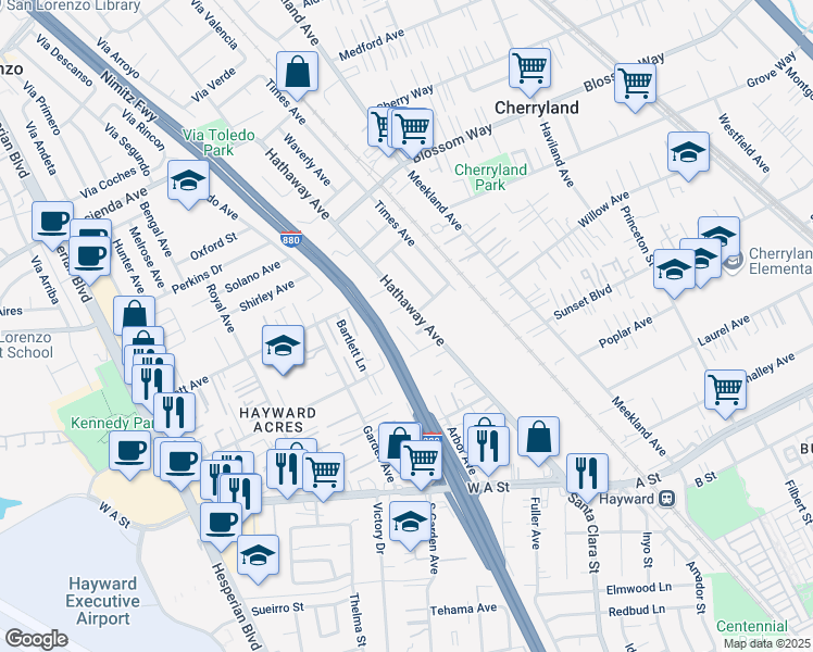 map of restaurants, bars, coffee shops, grocery stores, and more near 21267 Hathaway Avenue in Hayward