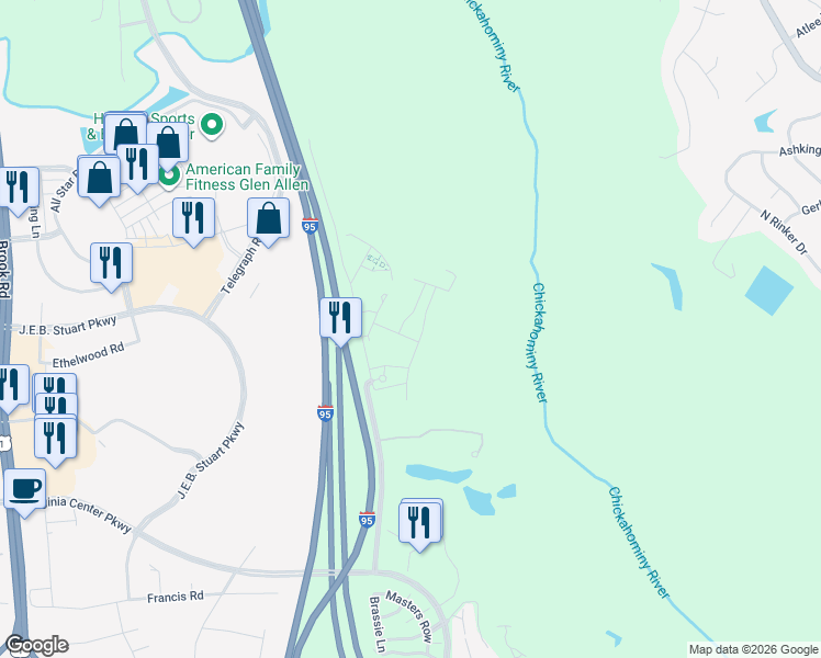 map of restaurants, bars, coffee shops, grocery stores, and more near 3916 Pale Moon Place in Glen Allen