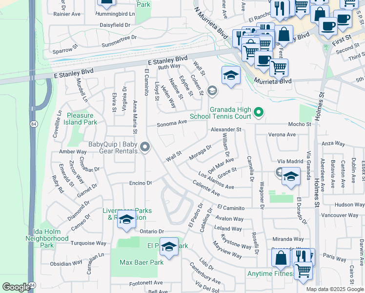 map of restaurants, bars, coffee shops, grocery stores, and more near 819 Wall Street in Livermore