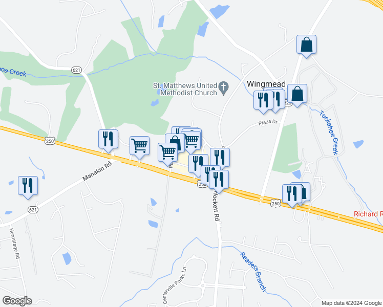 map of restaurants, bars, coffee shops, grocery stores, and more near 30 Broad Street Road in Manakin-Sabot