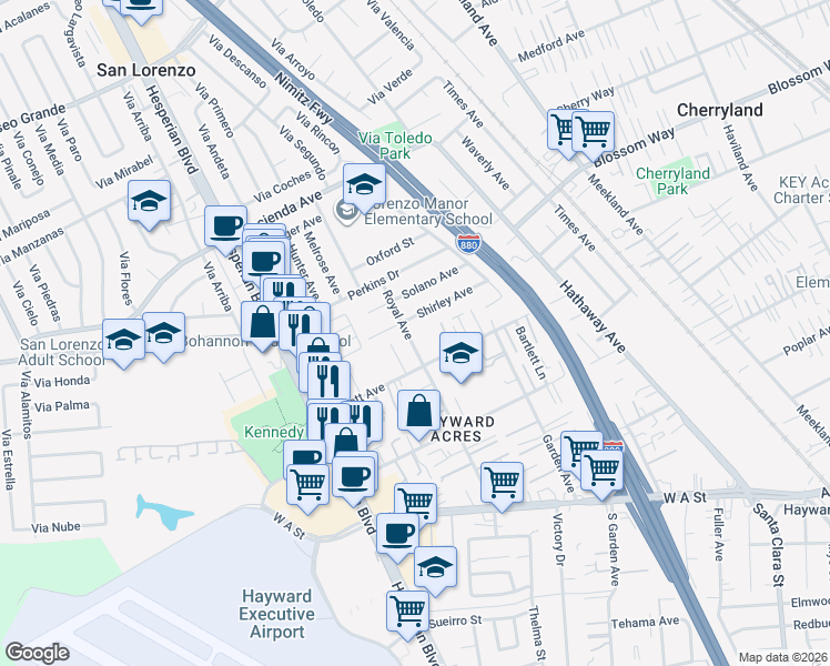 map of restaurants, bars, coffee shops, grocery stores, and more near 19736 Royal Avenue in Hayward