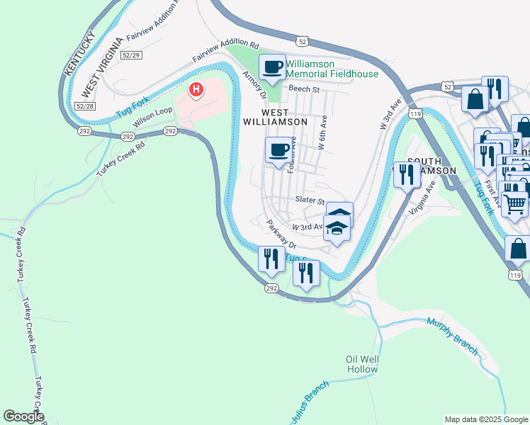 map of restaurants, bars, coffee shops, grocery stores, and more near 1 Damron Drive in Williamson