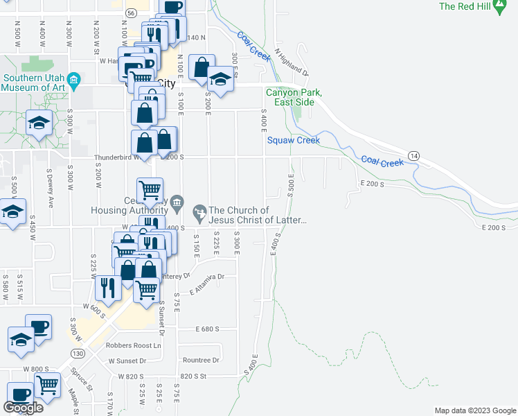 map of restaurants, bars, coffee shops, grocery stores, and more near 334 South 400 East in Cedar City