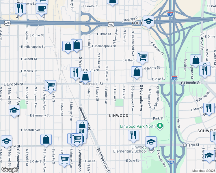 map of restaurants, bars, coffee shops, grocery stores, and more near 1221 South Lulu Street in Wichita
