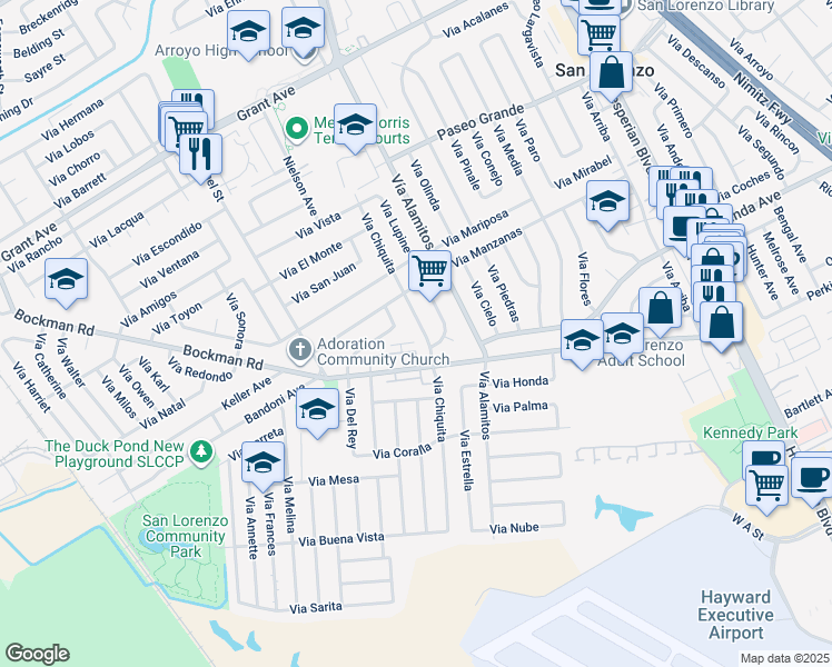 map of restaurants, bars, coffee shops, grocery stores, and more near 17069 Via Chiquita in San Lorenzo