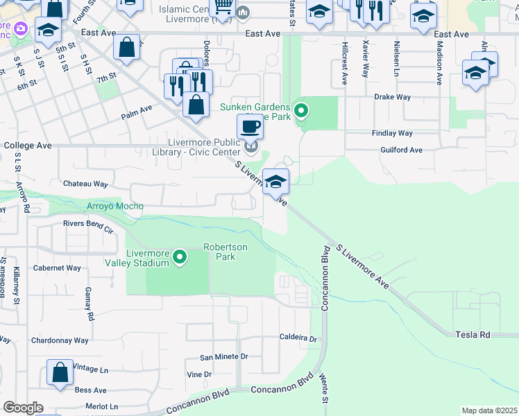 map of restaurants, bars, coffee shops, grocery stores, and more near 1431 Chateau Common in Livermore