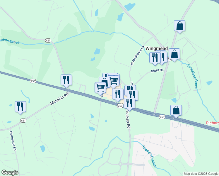 map of restaurants, bars, coffee shops, grocery stores, and more near 30 Broad Street Road in Manakin-Sabot