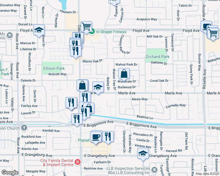 map of restaurants, bars, coffee shops, grocery stores, and more near 1901 Bailey Drive in Modesto