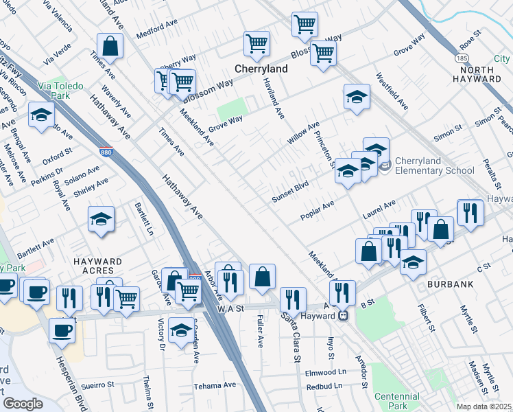 map of restaurants, bars, coffee shops, grocery stores, and more near 21921 Meekland Avenue in Hayward
