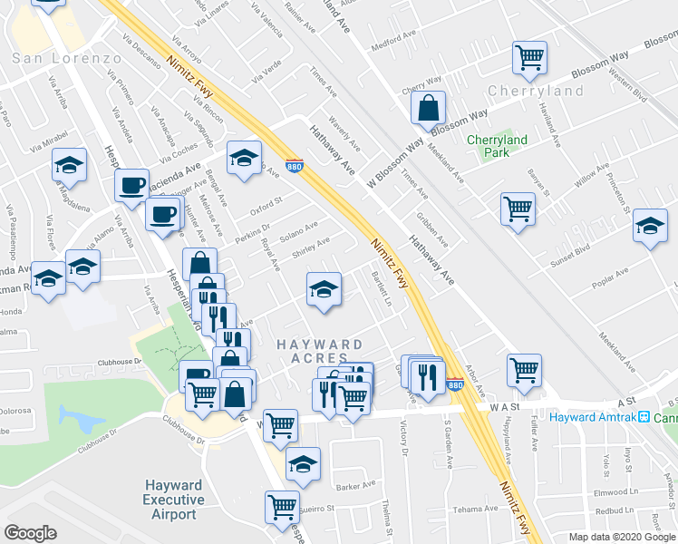 map of restaurants, bars, coffee shops, grocery stores, and more near 452 Bartlett Avenue in Hayward