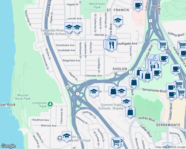 map of restaurants, bars, coffee shops, grocery stores, and more near 665 Clarinada Avenue in Daly City