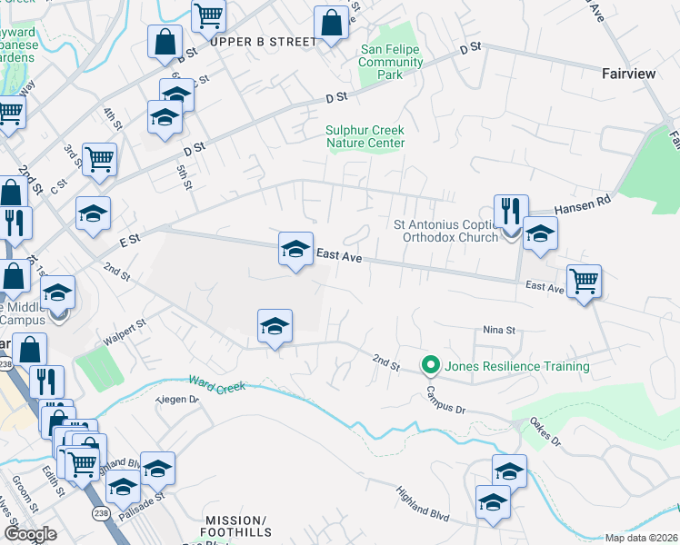 map of restaurants, bars, coffee shops, grocery stores, and more near 1907 East Avenue in Hayward