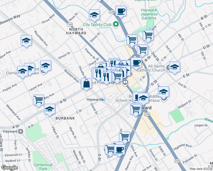 map of restaurants, bars, coffee shops, grocery stores, and more near 742 B Street in Hayward
