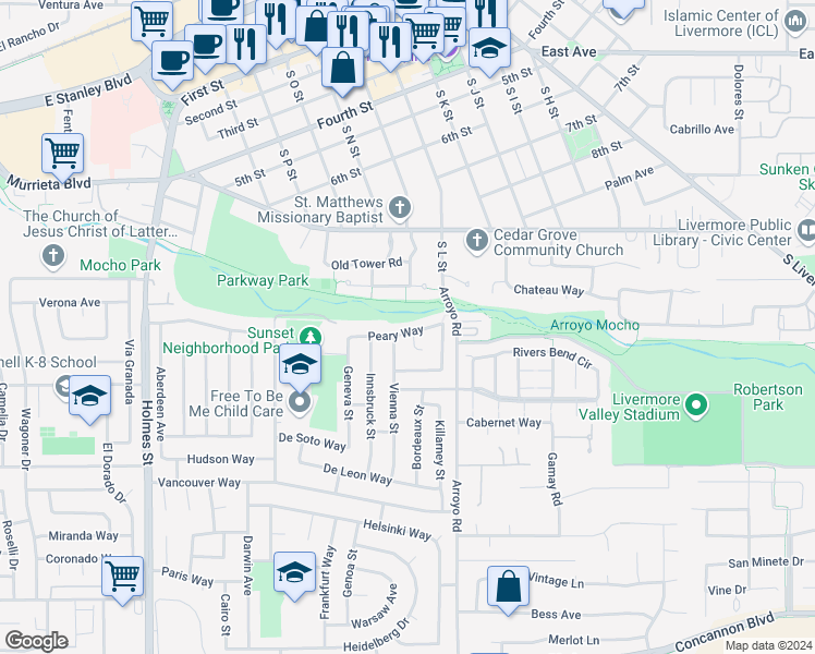 map of restaurants, bars, coffee shops, grocery stores, and more near 1834 Peary Way in Livermore