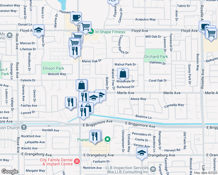 map of restaurants, bars, coffee shops, grocery stores, and more near 1901 Bailey Drive in Modesto
