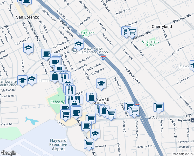 map of restaurants, bars, coffee shops, grocery stores, and more near 511 Bartlett Avenue in Hayward